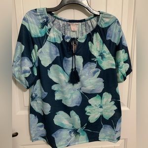 Allison Daley tunic Top blue aqua floral PS tassel tie elastic hem sleeves